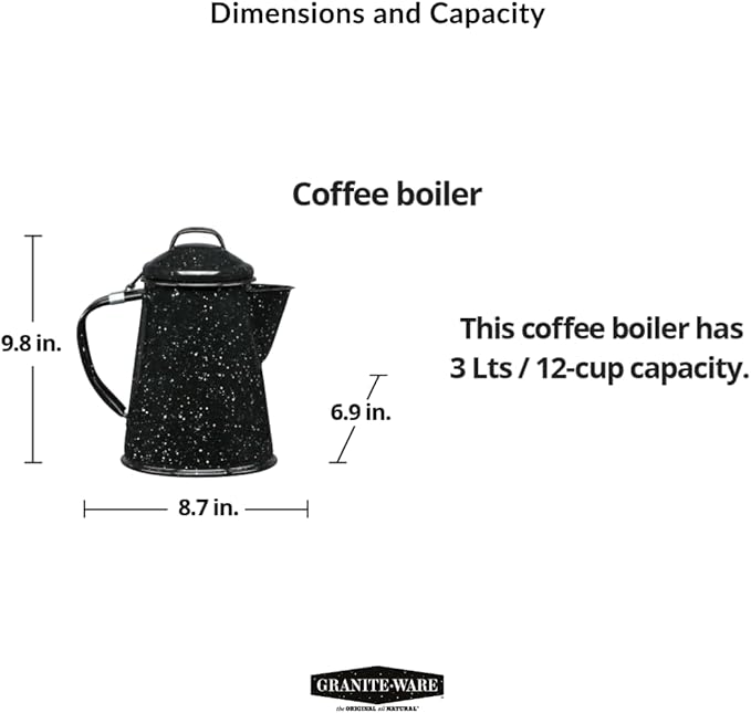 Granite Ware Coffee Boiler, 3-Quart - Stovetop or Campfire Coffee Pot, Durable Enameled Steel for Rapid Heat Absorption, Energy Efficient Design for Outdoor Adventures (Speckled Black)