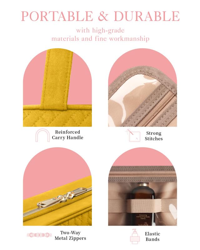 HOTOR Travel Toiletry Bag w/Hanging Hook - Spacious Toiletry Bag Essentials for Women & Men, Makeup Bag/Big Comparment, Waterproof for Travel Accessories, Medium, Yellow