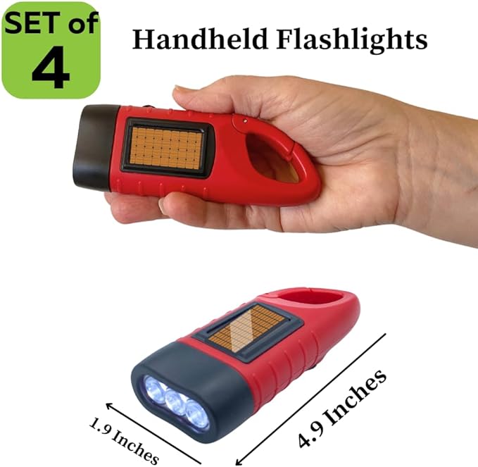 Evelots Hand Crank Solar Powered Flashlights ( 4 Pack ) Rechargeable Emergency Survival Flashlight for Camping , Car - Easy 3 LED Bright Light for Hiking , Outdoor Sports , Home Power Outage