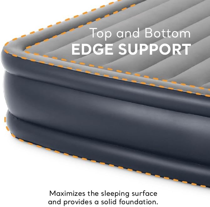 Intex 64135ED Dura-Beam Plus Deluxe Pillow Rest Air Mattress: Fiber-Tech – Queen Size – Built-in Electric Pump – 16.5in Bed Height – 600lb Weight Capacity