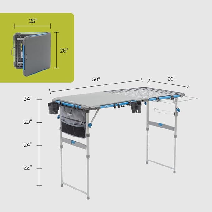 CORE Outdoor Cook Table | 4 Foot Table with Adjustable Height and Storage for Cooking Accessories | Foldable & Portable for Beach, Picnic, Backyards, BBQ, Tailgate, Patio and Party
