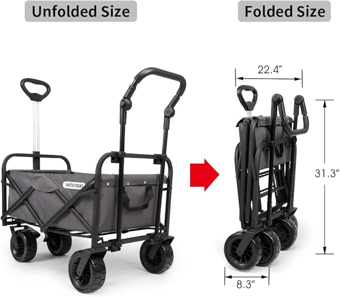 WHITSUNDAY Collapsible Folding Garden Outdoor Park Utility Wagon Picnic Camping Cart with Bearing and Brake 8" All Terrain Wheels with Push Bar (Grey)