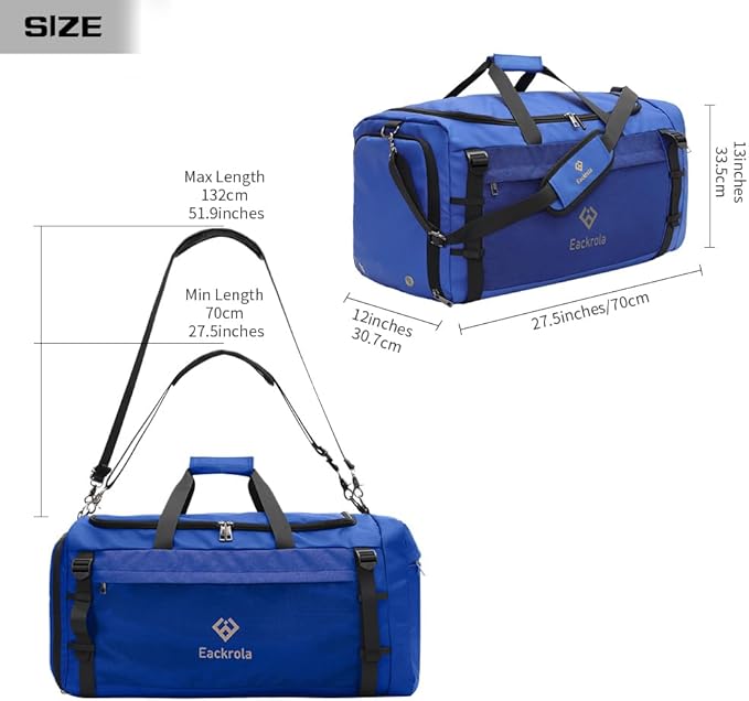 Eackrola Extra Large Sports Gym Bag, Travel Duffel bag with Wet Pocket & Shoes Compartment for men women, 85L, Lightweight (Blue)