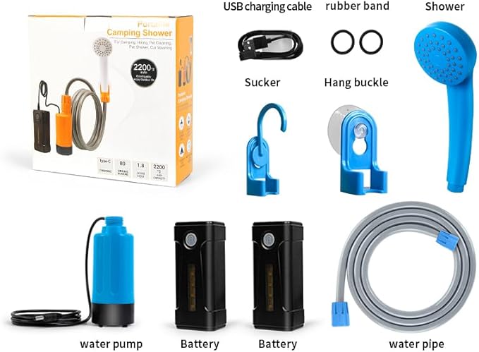 Portable Outdoor Shower with LED Lighting, Battery-Driven Pump for Beaches, Camping, Gardens & Hiking