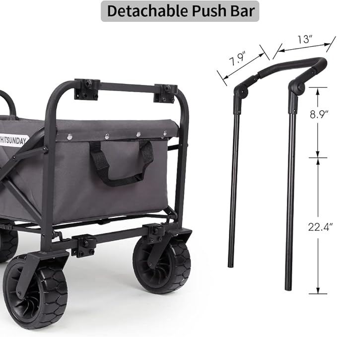 WHITSUNDAY Collapsible Folding Garden Outdoor Park Utility Wagon Picnic Camping Cart with Bearing and Brake 8" All Terrain Wheels with Push Bar (Grey)