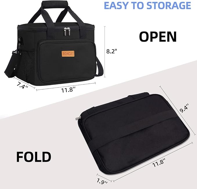 iknoe Insulated Thickened Lunch Bag for Women & Men, 14L Soft Coolers Leak Proof, Insulated Tote Bags with Zippered Top Great for Work,Picnic and Beach, Black 18-Can