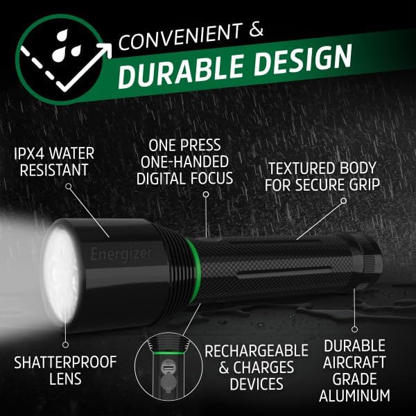 Energizer X3500 LED Rechargeable Flashlight, Powerful 3500 Lumen Flash Light, IPX4 Water Resistant, Excellent Emergency Power Outage Light