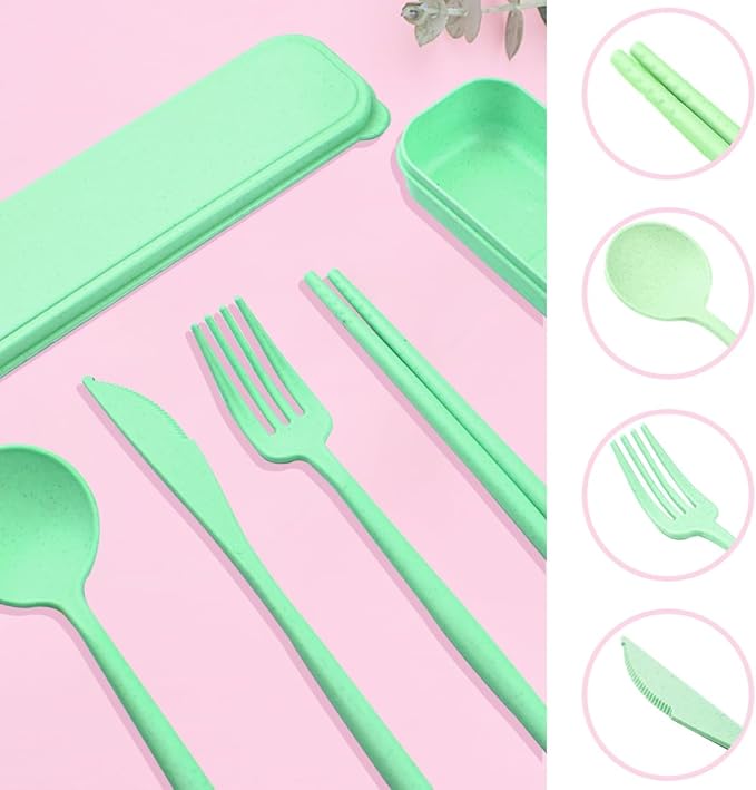 ELANE 4 Sets Reusable Travel Utensils Set with Case,Camping Cutlery Set Reusable Cutlery Set with Case,Utensil Sets for Lunch Picnic Daily Use Outdoor (lightgreen)