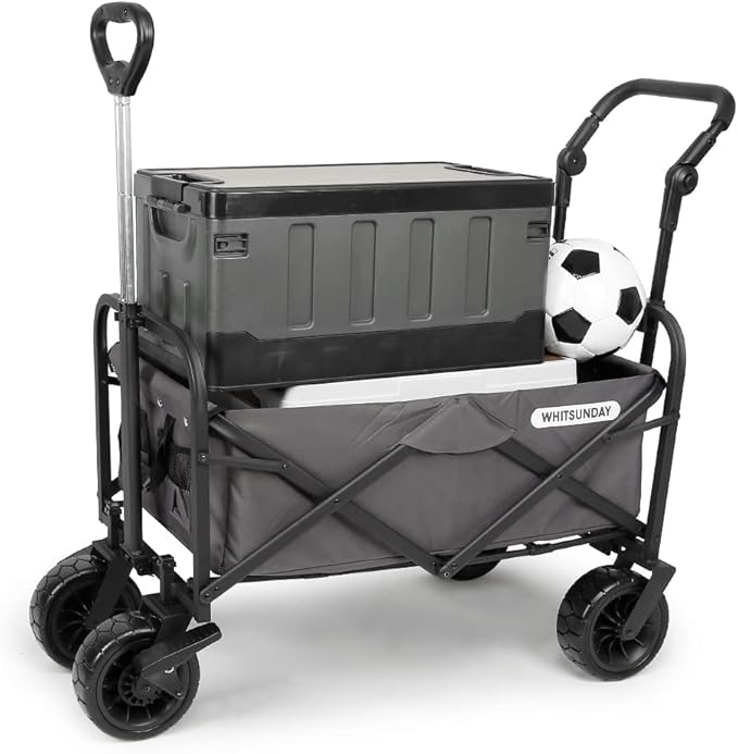WHITSUNDAY Collapsible Folding Garden Outdoor Park Utility Wagon Picnic Camping Cart with Bearing and Brake 8" All Terrain Wheels with Push Bar (Grey)