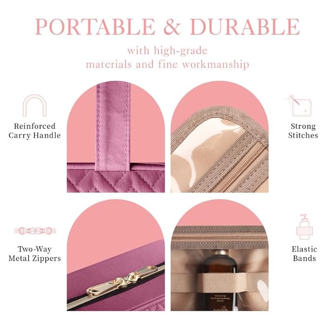 HOTOR Travel Toiletry Bag w/Hanging Hook - Spacious Toiletry Bag Essentials for Women & Men, Makeup Bag/Big Comparment, Waterproof for Travel Accessories, Large, Rosewood-Pink