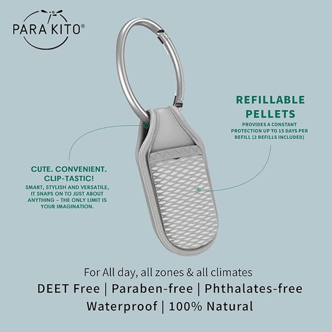 PARA'KITO Mosquito Insect & Bug Repellent Clip w/Natural Essential Oils - Waterproof, Outdoor Pest Repeller (Grey)