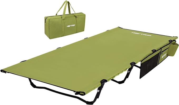 HEYTRIP Extra-Wide Camping Cot, Upgrade Sturdy Camping Bed, XXL Cots for Sleeping Support 500lb, Folding Cot with Side Pocket, Carry Bag Ultralight Backpacking Cot for Travel(Green)