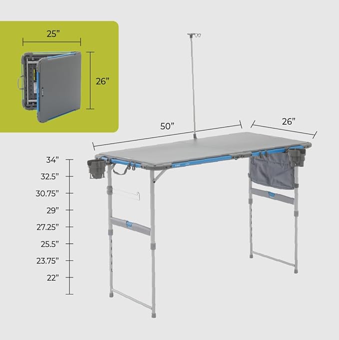 CORE Outdoor Camp Table | 4 Foot Table with Adjustable Height and Storage for Camping Accessories | Foldable & Portable for Beach, Picnic, Backyards, BBQ, Tailgate, Patio and Party