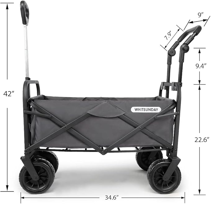 WHITSUNDAY Collapsible Folding Garden Outdoor Park Utility Wagon Picnic Camping Cart with Bearing and Brake 8" All Terrain Wheels with Push Bar (Grey)