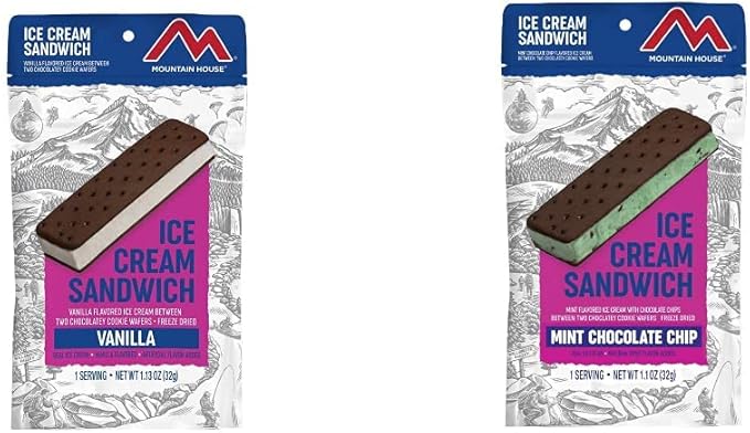 Mountain House Vanilla and Mint Chocolate Chip Ice Cream Sandwich Bundles | Freeze Dried Backpacking & Camping Food | 2 Servings
