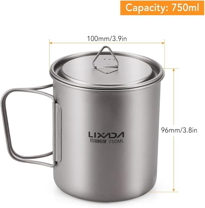 Lixada Titanium Pot, Lightweight Camping Pot Titanium Cup Titanium Backpacking Pot with Portable Foldable Handles for Outdoor Camping Hiking Backpacking