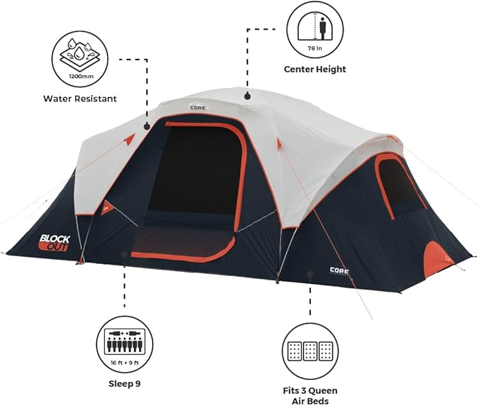 CORE Blackout 6 Person & 9 Person Dome Tent | Best Car Camping Outdoor Family Camp Tent | Included Storage Pockets for Camping Accessories | Portable Tent for Camping with Carry Bag