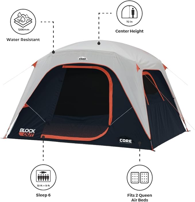 CORE Blackout 6 Person & 9 Person Dome Tent | Best Car Camping Outdoor Family Camp Tent | Included Storage Pockets for Camping Accessories | Portable Tent for Camping with Carry Bag