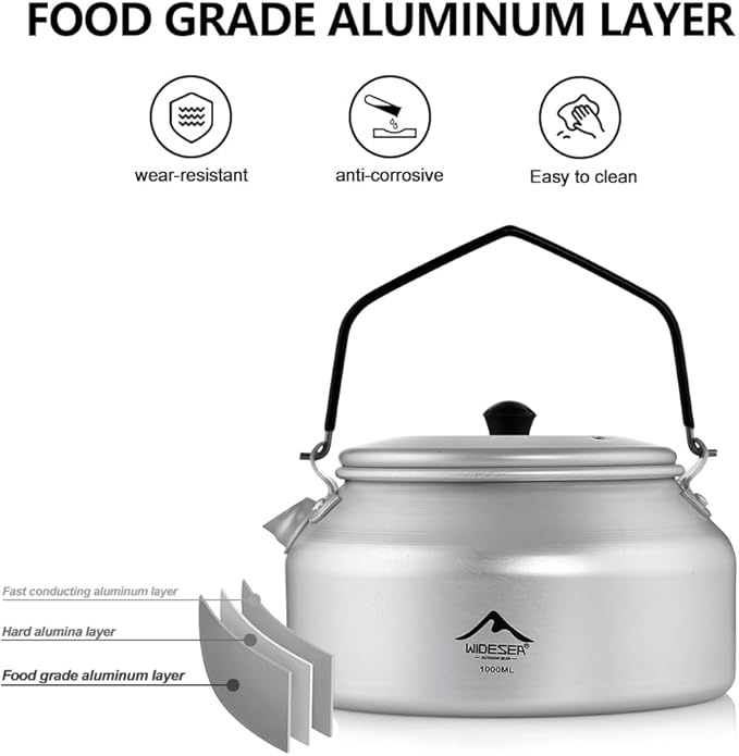 Widesea UltraLight 1L Camping Kettle, Hard-Anodized Aluminum Open Flame Safe Tea & Coffee Pot with Heat-Resistant Handle, Portable for Campfire, Backpacking, Hiking, and Outdoor Adventures