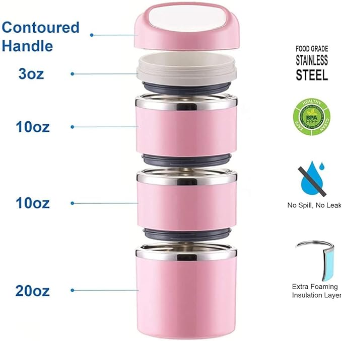 Lille Home Stackable Stainless Steel Thermal Compartment Lunch/Snack Box, 3-Tier Insulated Bento/Food Container with Lunch Bag and 3 Extra Silicone Seals, 43OZ, Pink