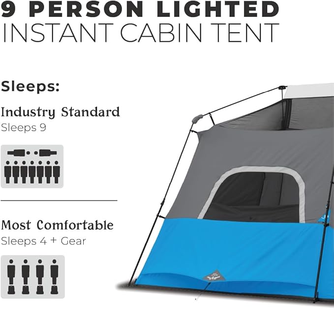 CORE Instant Cabin Tents with LED Lights | 6 Person / 9 Person / 12 Person Family Multi Room Lighted Pop Up Tents for Camping | Included Storage Pockets for Camping Accessories