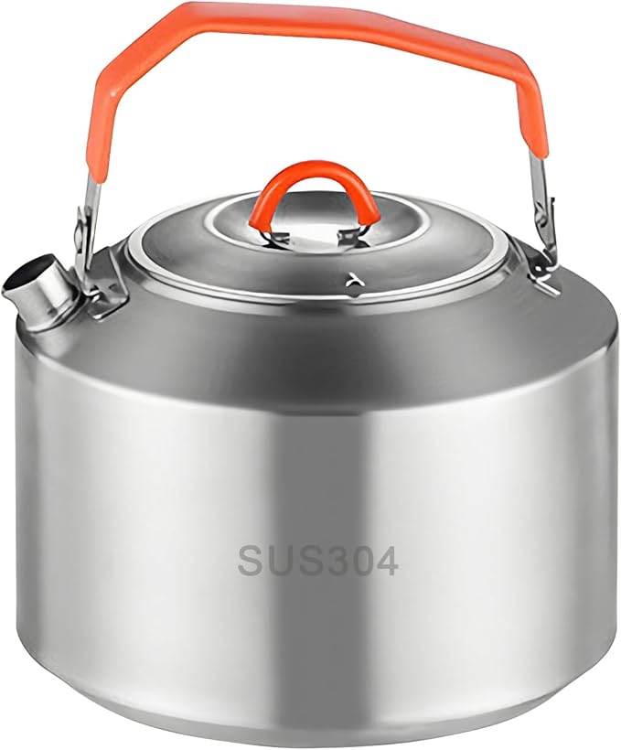 Camping Kettle Set, 1.5 L Stainless Steel Kettle with 4 Stackable 300 ML Cups, Anti-Scald Handle, Removable Silicone Covers, and Mesh Bag - ideal for Boiling Water and Making Coffee Outdoors