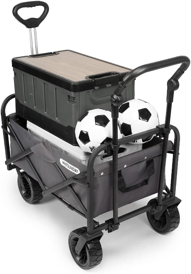 WHITSUNDAY Collapsible Folding Garden Outdoor Park Utility Wagon Picnic Camping Cart with Bearing and Brake 8" All Terrain Wheels with Push Bar (Grey)