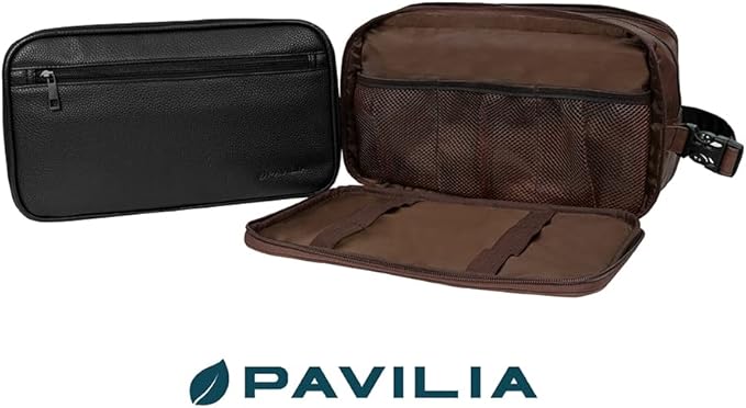 PAVILIA Toiletry Bag for Men, Travel Toiletries Bag | Water-resistant Dopp Kit, PU Leather Shaving Pouch Organizer for Accessories, Cosmetic, Hygiene, Grooming Essentials (Black)