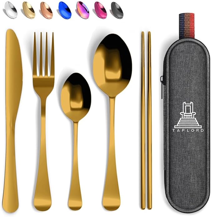 Portable Travel Silverware Set With Case, Includes 5 Pcs of Travel Utensils With Case, Stainless Steel Flatware Set For Camping, Easy to Travel, Lightweight (Gold)