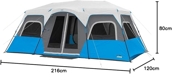 CORE Instant Cabin Tents with LED Lights | 6 Person / 9 Person / 12 Person Family Multi Room Lighted Pop Up Tents for Camping | Included Storage Pockets for Camping Accessories