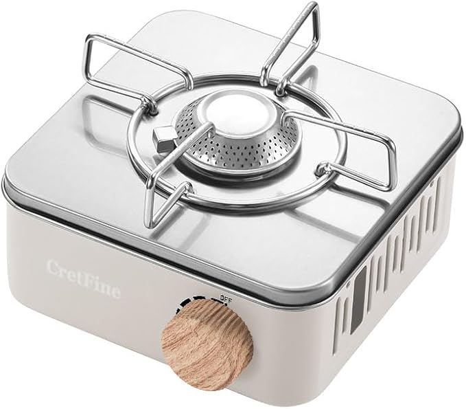 Mini Butane Camping Stove with Portable Bag, Indoor and Outdoor Cooking, for Emergency and Camp Essentials, 8205 BTU, 2hr Usage per Canister, Gas Not Included, White