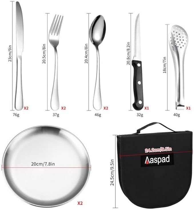 Picnic Cutlery Kit with Portable Case Camping Essentials Silverware Set Travel Utensils Outdoor Tableware Stainless Steel Flatware with Forks,Spoons,Serrated Knife,Food Clip,Plates (Black)
