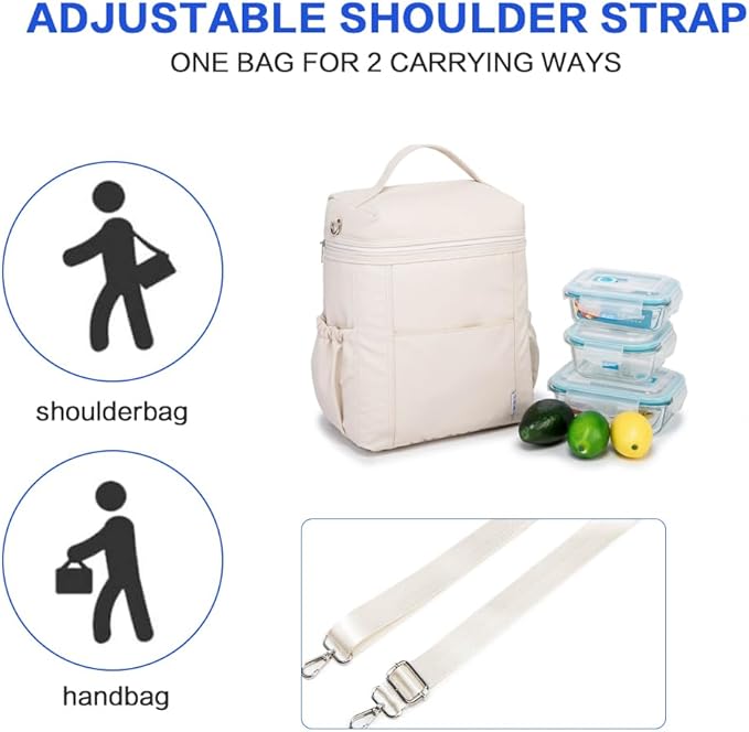 NOL Natural Organic Lifestyle Insulated Lunch Bags for Women Cooler Bag Lightweight Nylon Waterproof Lunch Box For Work (Cream, Large)