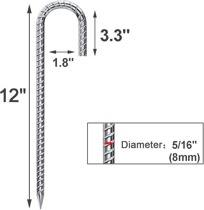 Rebar Stakes 12 Inch 10 Pack Tent Stakes Heavy Duty Metal J Hook, Fence Stakes for Trampoline, Fence, Camping Tent (10, 12")