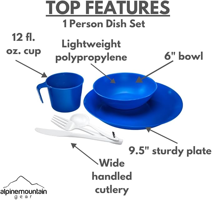 1-Person Camping Dish Table Set, Washable/Reusable Polypropylene Dinnerware Set for Camping and Outdoor Dining by Caddis Sports