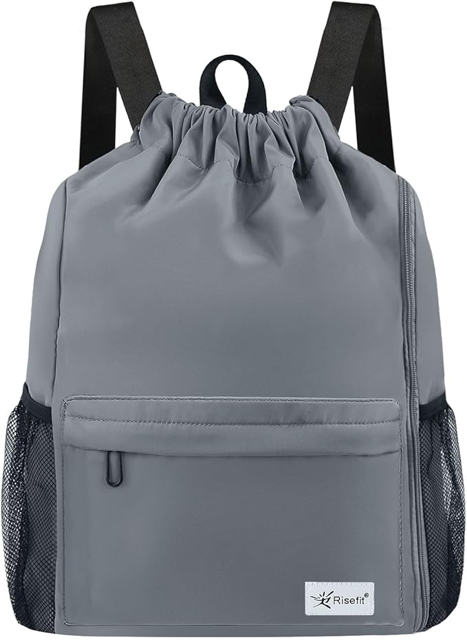 Drawstring Backpack with Mesh Pockets String Gym Bag Sackpack Sandproof Water Resistant Beach Backpack for Men Women