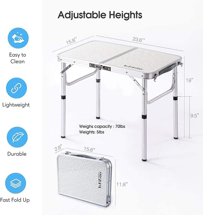 Folding Camp Table Small, 24''L x16''W with Adjustable Height Legs, Indoor Outdoor Lightweight Portable Aluminum Dining Table for Picnic Camping 2-Feet(2 Heights 10"/19")