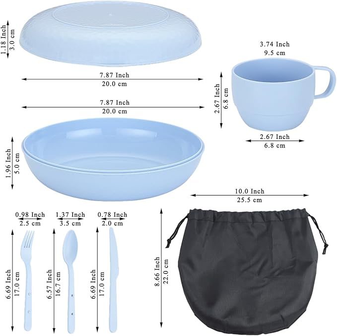 Evanda Camping Mess Kit with Bowl, Plate, Cup, Spoon, Fork, Knife and Carry Bag, Reusable Camping Accessories Essentials Gear Light Weight and Small Space Easy to Carry or Put in Backpack
