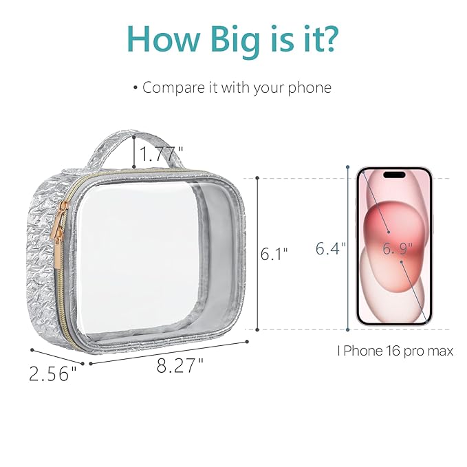 PACKISM TSA Approved Toiletry Bag - Ruched Textured Clear Makeup Bag, Metallic Silver, with 180° Large Opening and Supporting Frame, Perfect for Travel Essentials, Thick No Smell