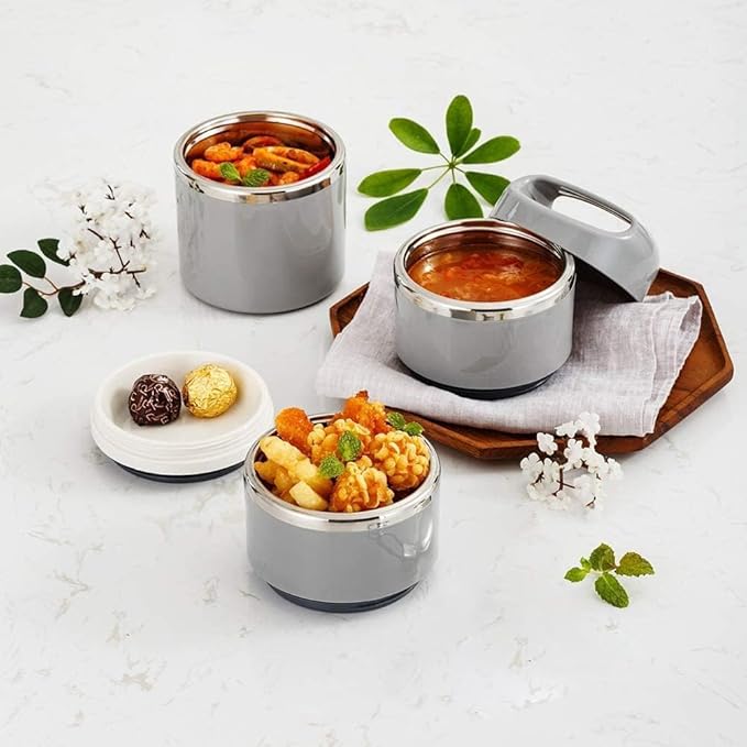 Lille Home Stackable Stainless Steel Thermal Compartment Lunch/Snack Box, 3-Tier Insulated Bento/Food Container with Lunch Bag and Three Extra Seals, 43OZ (Gray)