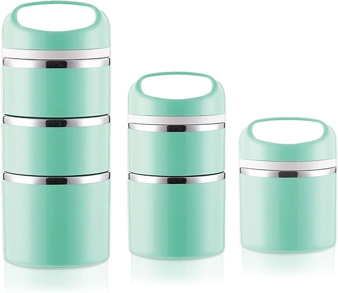 Lille Home Stackable Stainless Steel Thermal Compartment Lunch/Snack Box, 3-Tier Insulated Bento/Food Container with Lunch Bag, and Three Extra Seals, 43OZ
