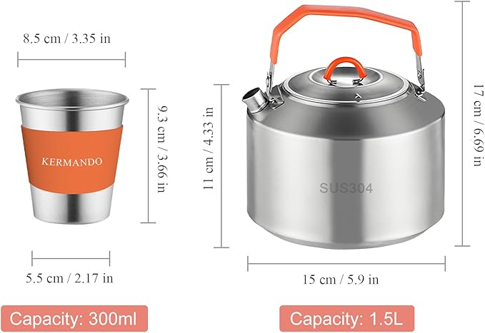 Camping Kettle Set, 1.5 L Stainless Steel Kettle with 4 Stackable 300 ML Cups, Anti-Scald Handle, Removable Silicone Covers, and Mesh Bag - ideal for Boiling Water and Making Coffee Outdoors