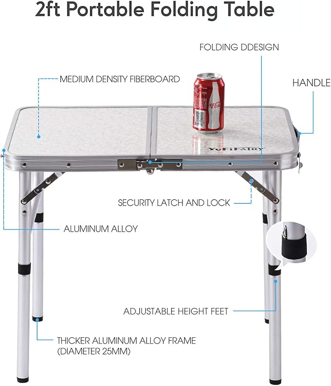 Folding Camp Table Small, 24''L x16''W with Adjustable Height Legs, Indoor Outdoor Lightweight Portable Aluminum Dining Table for Picnic Camping 2-Feet(2 Heights 10"/19")