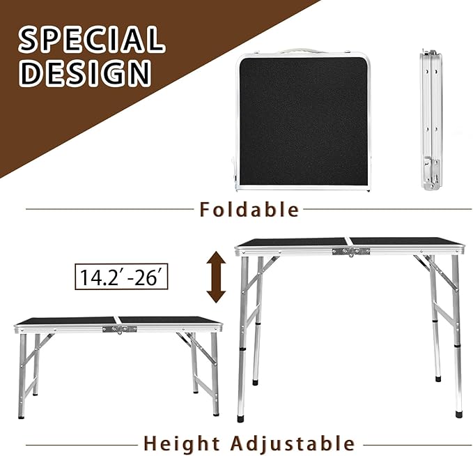 Aluminum Folding Small Table, Adjustable Height Lightweight Portable Camping Table for Picnic Beach Outdoor Indoor (Small) (BlackC)