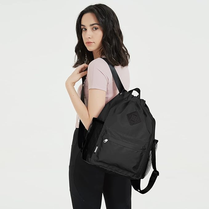 WANDF Drawstring Backpack Sports Gym Bag with Shoes Compartment, Water-Resistant String Backpack Cinch for Women Men (Small,Black)