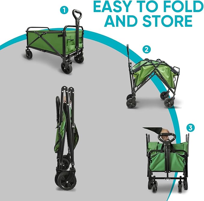 Collapsible Foldable Wagon, Beach Cart Large Capacity, Heavy Duty Folding Wagon Portable, for Outdoor Sports, Shopping, Camping, Green
