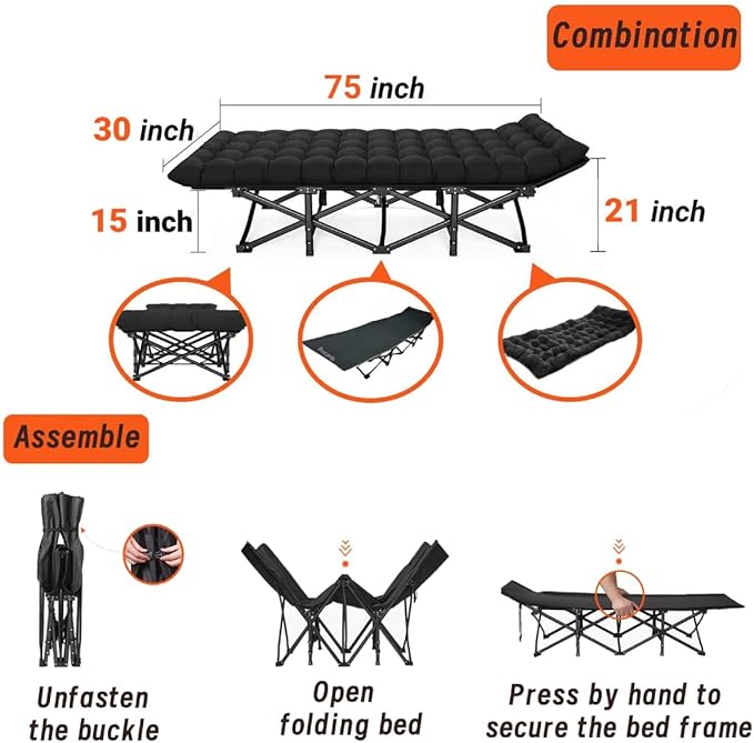 Camping Cot, Folding Cot Camping Cots for Adults Portable Folding Outdoor Bed with Mat and Carry Bag, Heavy Duty Sleeping Cots for Outdoor Travel Camp Beach Vacation (Black)