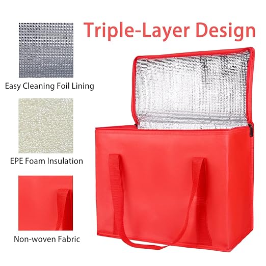 Bodaon 2-Pack Insulated Reusable Grocery Bag with Zippered Top, X-Large Insulated Food/Pizza Delivery Bag, Frozen Foods Cold, Cooler Shopping Bags, Red