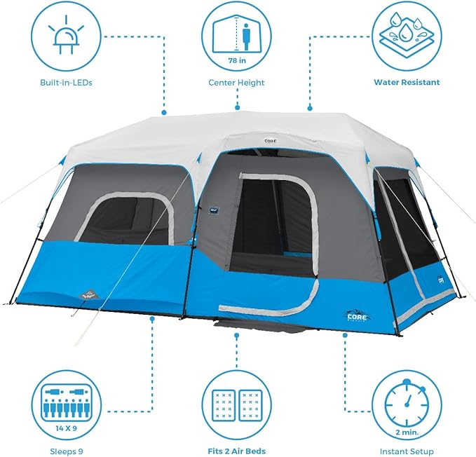 CORE Instant Cabin Tents with LED Lights | 6 Person / 9 Person / 12 Person Family Multi Room Lighted Pop Up Tents for Camping | Included Storage Pockets for Camping Accessories