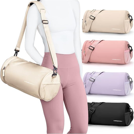 Small Women's Workout Bag - Waterproof Mini Duffle Gym Bag with Wet Pocket - Carry On Weekender for Dance, Swimming, Yoga, Fitness - White